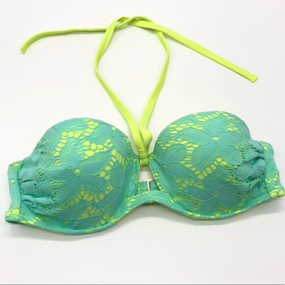 Victoria's Secret Push-up Halter Bikini Lace Floral Size 36C Neon Yellow Green - Picture 1 of 6
